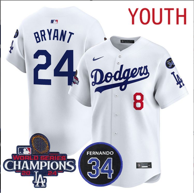 Youth MLB Los Angeles Dodgers 24 Bryant white 2024 World Series Champions Patch Limited Jersey